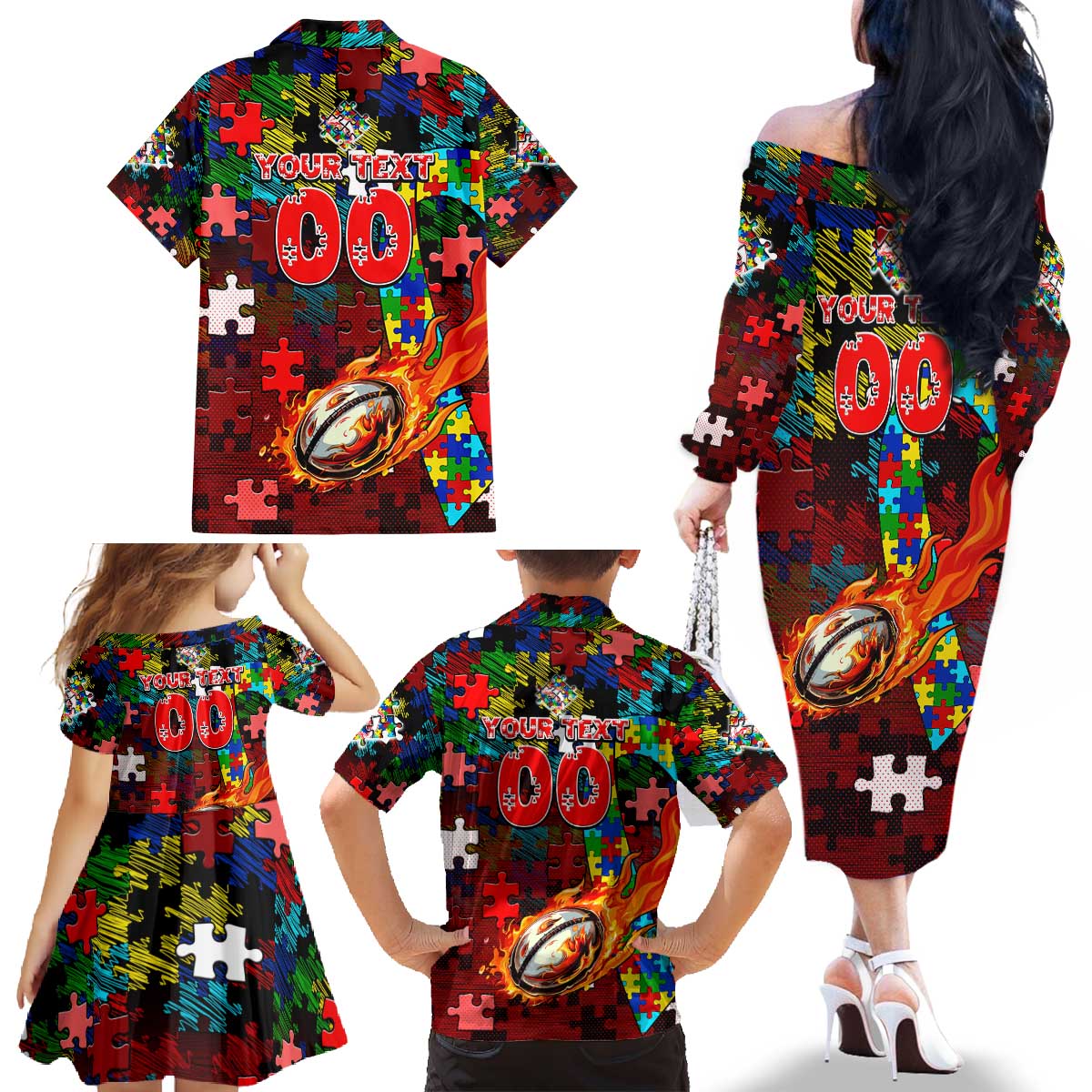 Dolphins Autism Awareness Family Matching Off The Shoulder Long Sleeve Dress and Hawaiian Shirt Puzzle Flames Rugby Ball
