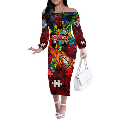 Dolphins Autism Awareness Family Matching Off The Shoulder Long Sleeve Dress and Hawaiian Shirt Puzzle Flames Rugby Ball