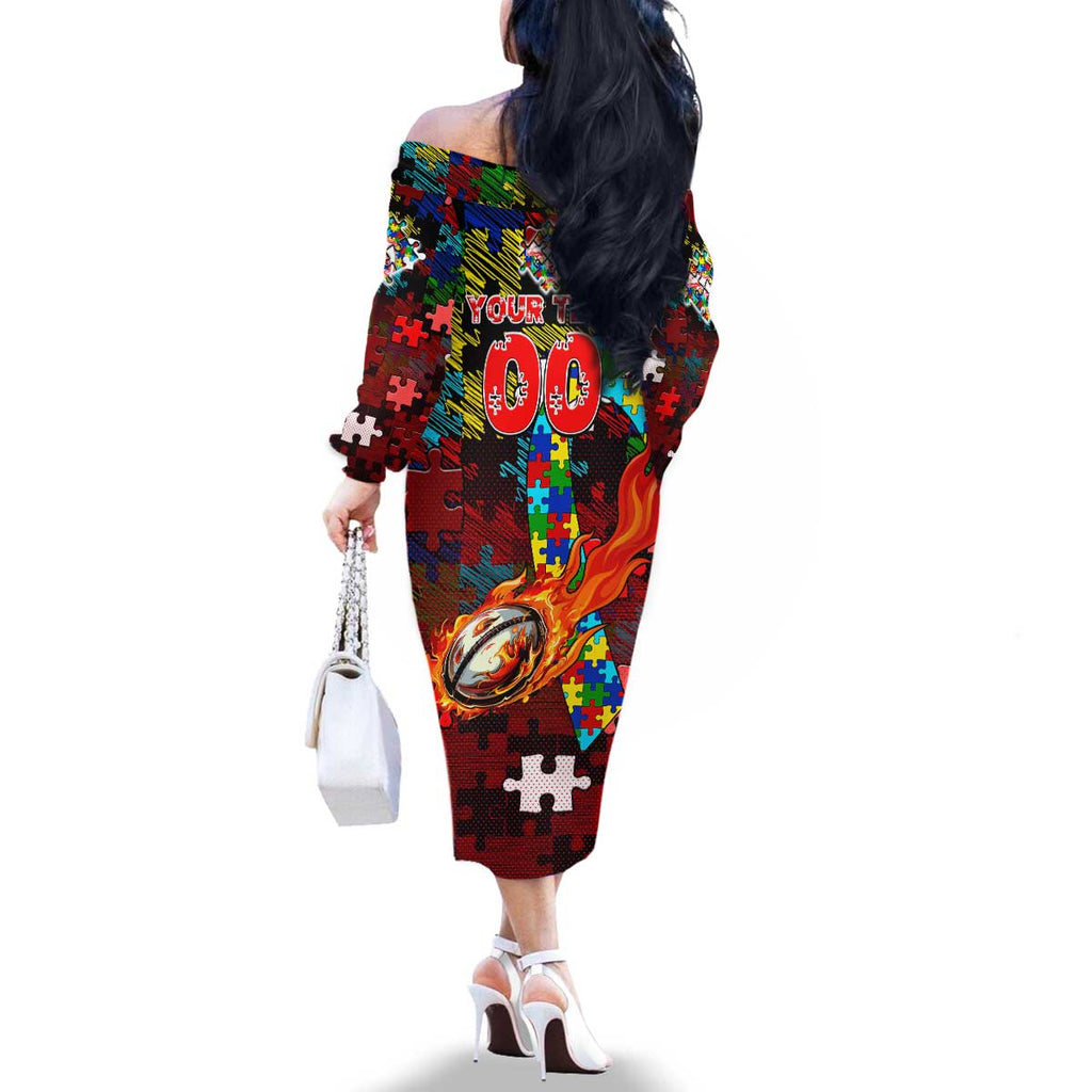 Dolphins Autism Awareness Family Matching Off The Shoulder Long Sleeve Dress and Hawaiian Shirt Puzzle Flames Rugby Ball