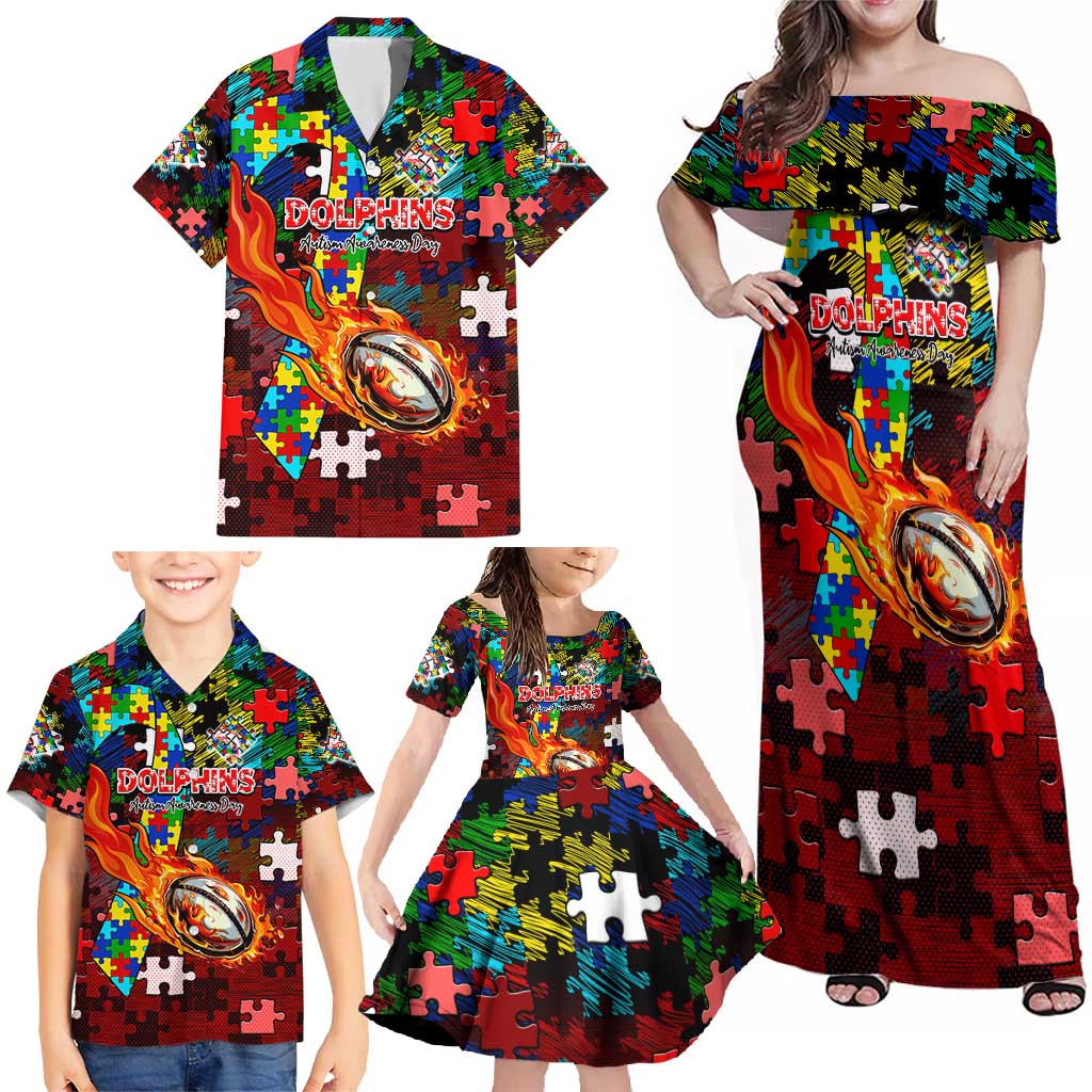 Dolphins Autism Awareness Family Matching Off Shoulder Maxi Dress and Hawaiian Shirt Puzzle Flames Rugby Ball