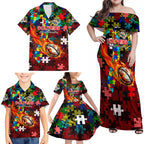 Dolphins Autism Awareness Family Matching Off Shoulder Maxi Dress and Hawaiian Shirt Puzzle Flames Rugby Ball