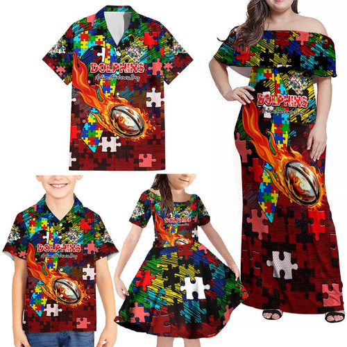 Dolphins Autism Awareness Family Matching Off Shoulder Maxi Dress and Hawaiian Shirt Puzzle Flames Rugby Ball