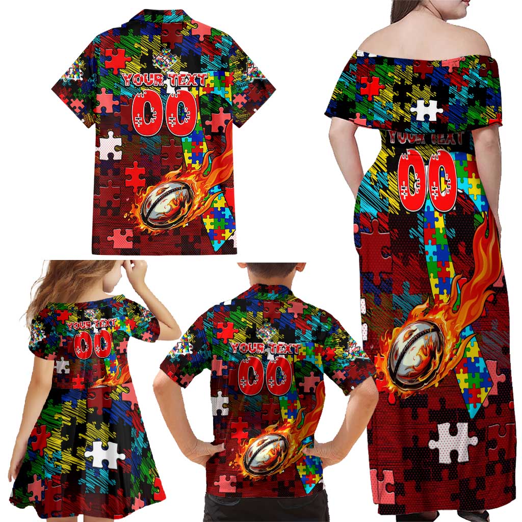Dolphins Autism Awareness Family Matching Off Shoulder Maxi Dress and Hawaiian Shirt Puzzle Flames Rugby Ball