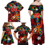 Dolphins Autism Awareness Family Matching Off Shoulder Maxi Dress and Hawaiian Shirt Puzzle Flames Rugby Ball