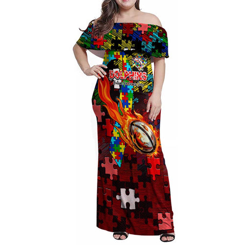 Dolphins Autism Awareness Family Matching Off Shoulder Maxi Dress and Hawaiian Shirt Puzzle Flames Rugby Ball