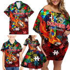Dolphins Autism Awareness Family Matching Off Shoulder Short Dress and Hawaiian Shirt Puzzle Flames Rugby Ball