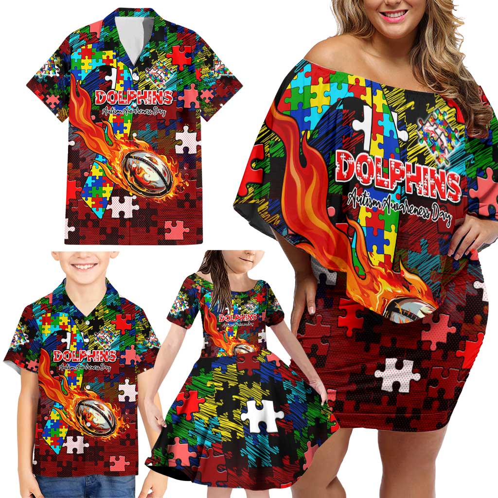 Dolphins Autism Awareness Family Matching Off Shoulder Short Dress and Hawaiian Shirt Puzzle Flames Rugby Ball