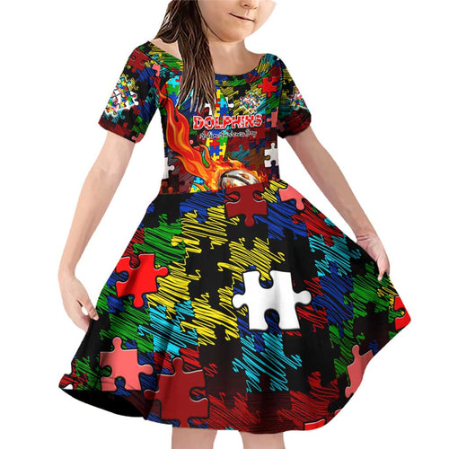 Dolphins Autism Awareness Family Matching Off Shoulder Short Dress and Hawaiian Shirt Puzzle Flames Rugby Ball