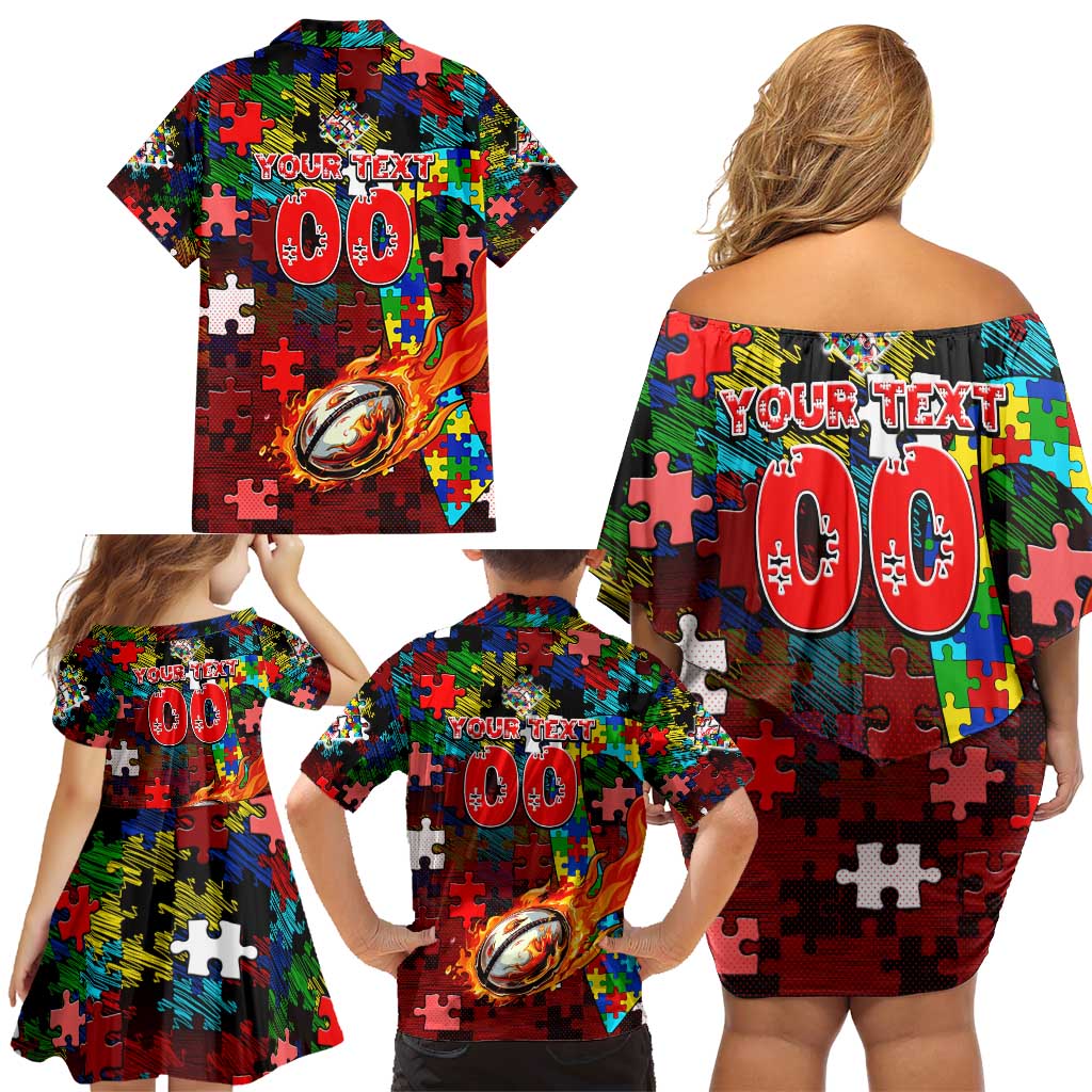 Dolphins Autism Awareness Family Matching Off Shoulder Short Dress and Hawaiian Shirt Puzzle Flames Rugby Ball