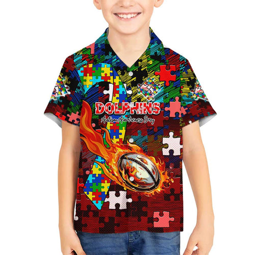 Dolphins Autism Awareness Family Matching Off Shoulder Short Dress and Hawaiian Shirt Puzzle Flames Rugby Ball