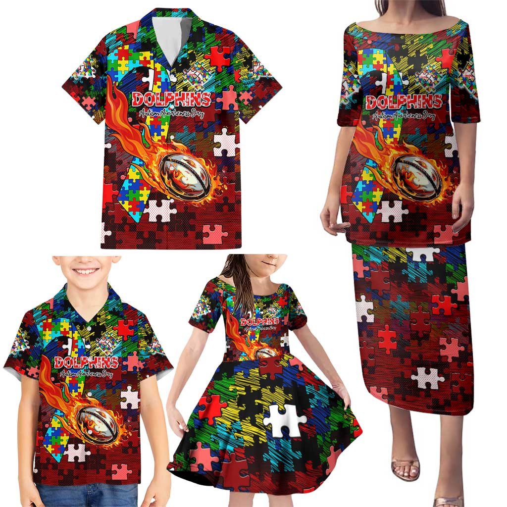 Dolphins Autism Awareness Family Matching Puletasi and Hawaiian Shirt Puzzle Flames Rugby Ball
