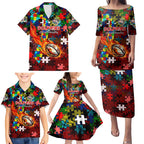 Dolphins Autism Awareness Family Matching Puletasi and Hawaiian Shirt Puzzle Flames Rugby Ball
