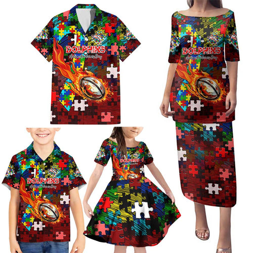 Dolphins Autism Awareness Family Matching Puletasi and Hawaiian Shirt Puzzle Flames Rugby Ball