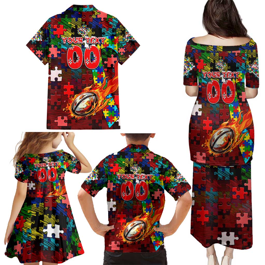 Dolphins Autism Awareness Family Matching Puletasi and Hawaiian Shirt Puzzle Flames Rugby Ball