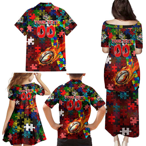 Dolphins Autism Awareness Family Matching Puletasi and Hawaiian Shirt Puzzle Flames Rugby Ball