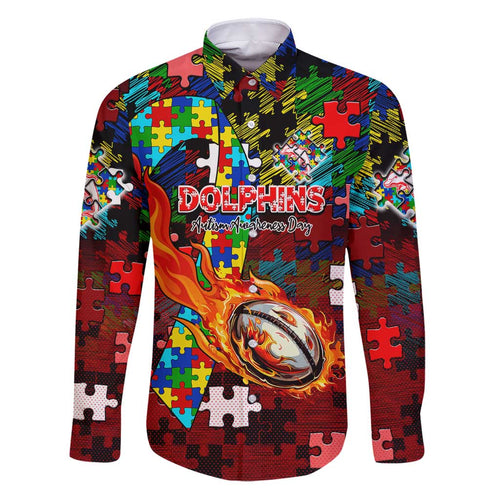 Dolphins Autism Awareness Family Matching Puletasi and Hawaiian Shirt Puzzle Flames Rugby Ball