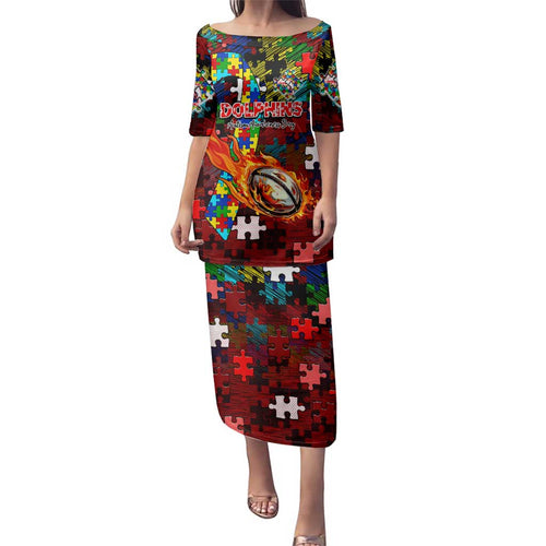 Dolphins Autism Awareness Family Matching Puletasi and Hawaiian Shirt Puzzle Flames Rugby Ball