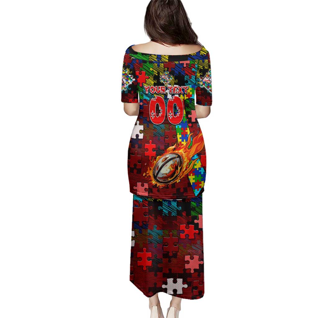 Dolphins Autism Awareness Family Matching Puletasi and Hawaiian Shirt Puzzle Flames Rugby Ball