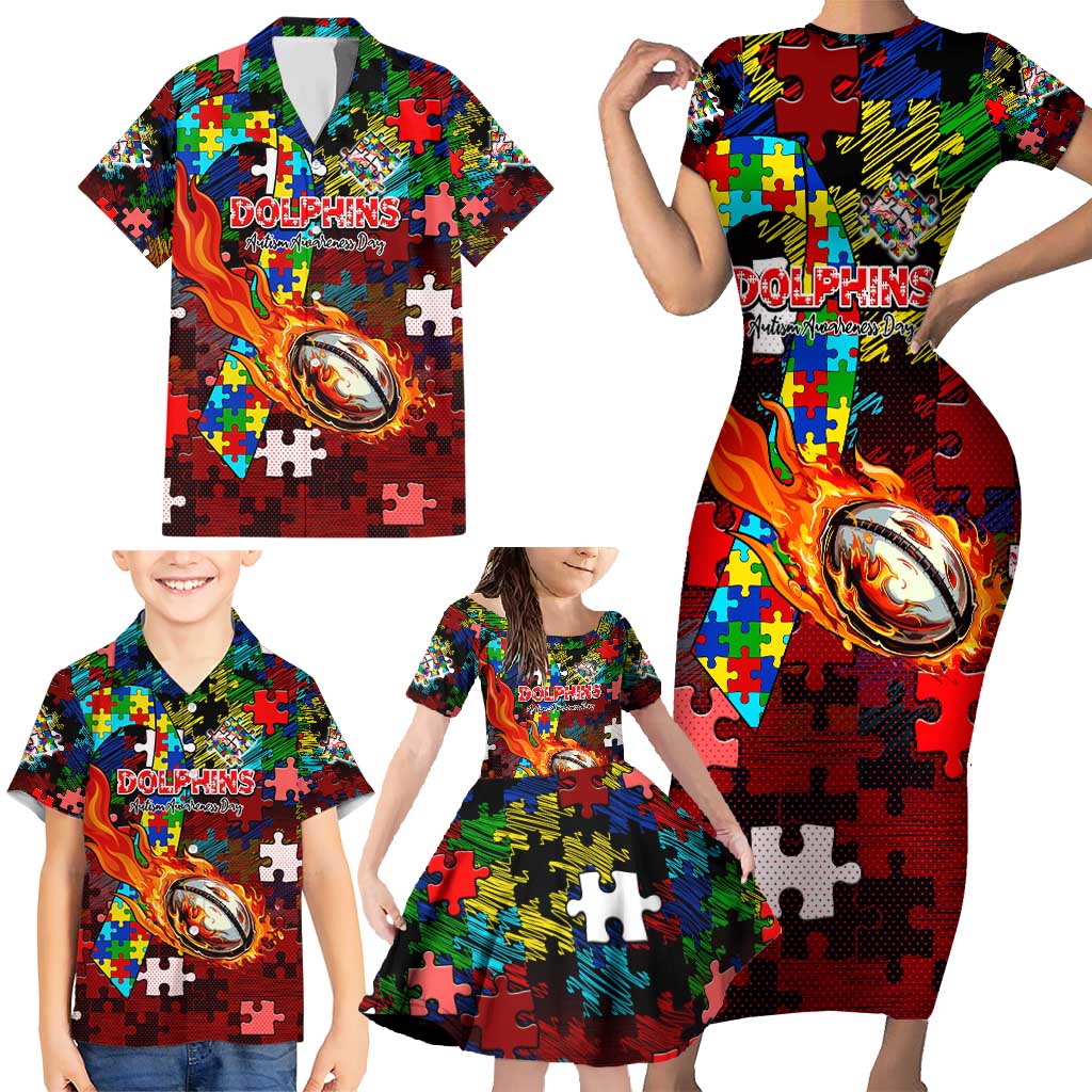 Dolphins Autism Awareness Family Matching Short Sleeve Bodycon Dress and Hawaiian Shirt Puzzle Flames Rugby Ball