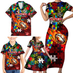 Dolphins Autism Awareness Family Matching Short Sleeve Bodycon Dress and Hawaiian Shirt Puzzle Flames Rugby Ball