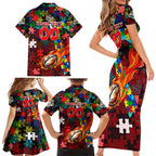 Dolphins Autism Awareness Family Matching Short Sleeve Bodycon Dress and Hawaiian Shirt Puzzle Flames Rugby Ball