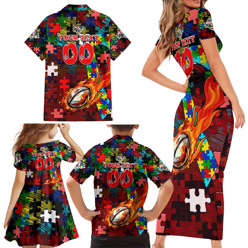 Dolphins Autism Awareness Family Matching Short Sleeve Bodycon Dress and Hawaiian Shirt Puzzle Flames Rugby Ball