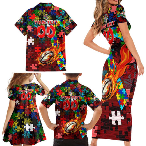 Dolphins Autism Awareness Family Matching Short Sleeve Bodycon Dress and Hawaiian Shirt Puzzle Flames Rugby Ball