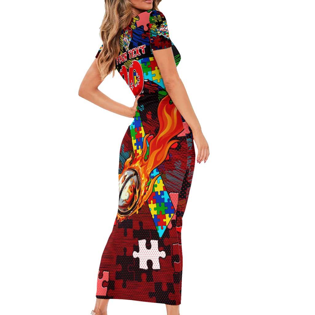 Dolphins Autism Awareness Family Matching Short Sleeve Bodycon Dress and Hawaiian Shirt Puzzle Flames Rugby Ball