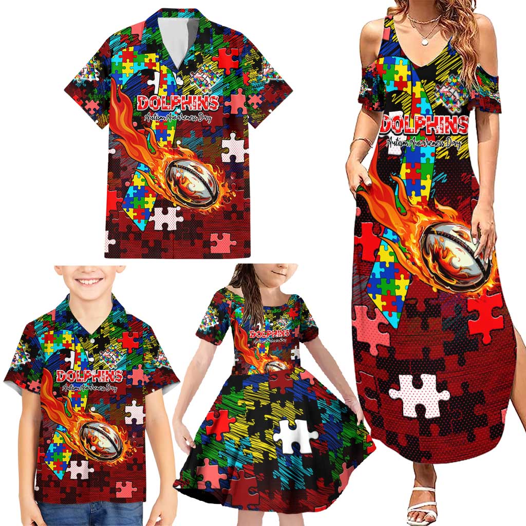 Dolphins Autism Awareness Family Matching Summer Maxi Dress and Hawaiian Shirt Puzzle Flames Rugby Ball
