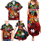 Dolphins Autism Awareness Family Matching Summer Maxi Dress and Hawaiian Shirt Puzzle Flames Rugby Ball