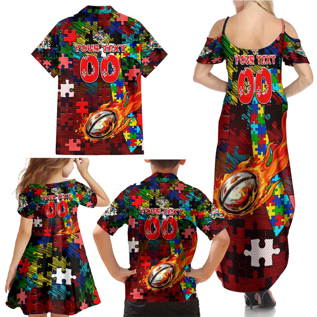 Dolphins Autism Awareness Family Matching Summer Maxi Dress and Hawaiian Shirt Puzzle Flames Rugby Ball