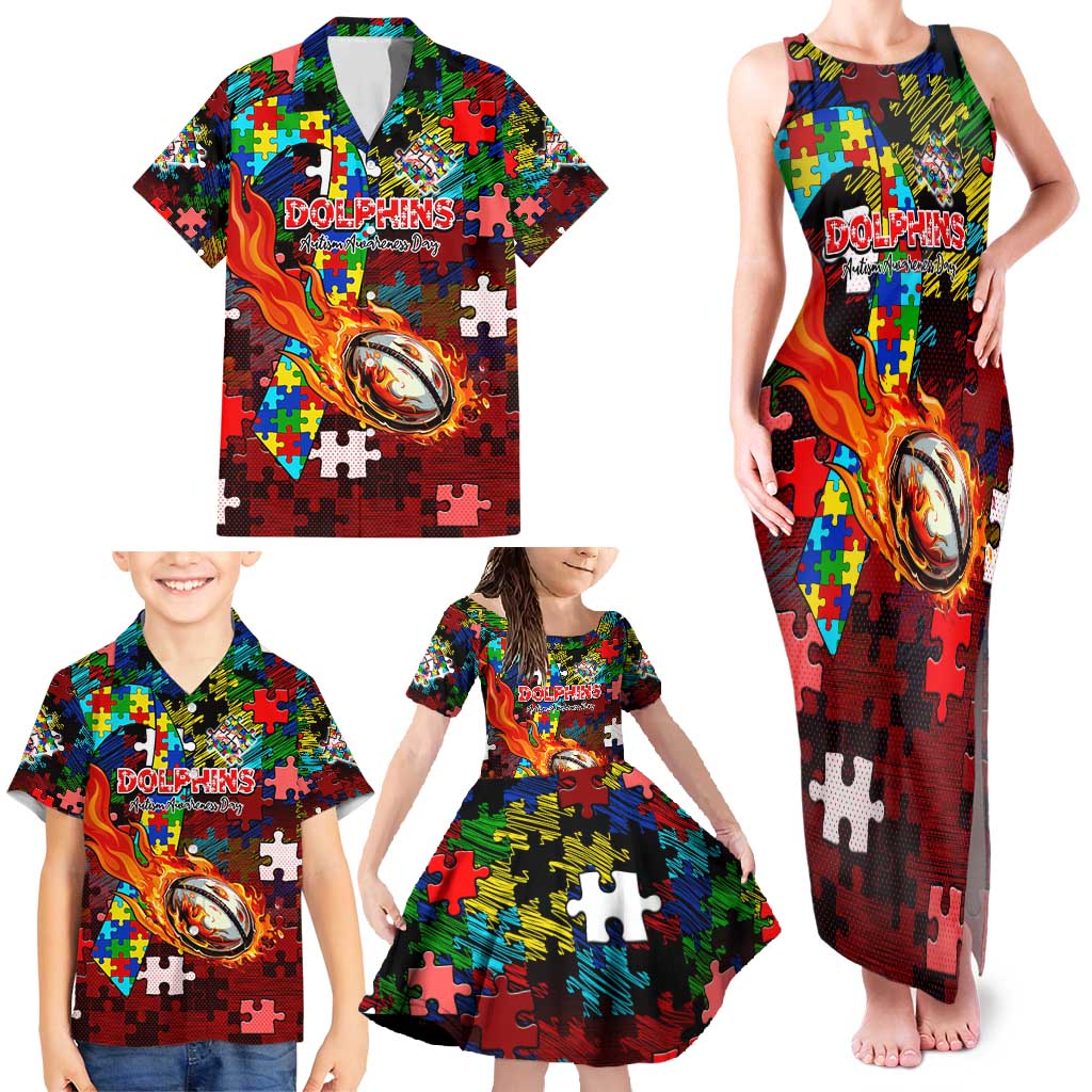 Dolphins Autism Awareness Family Matching Tank Maxi Dress and Hawaiian Shirt Puzzle Flames Rugby Ball