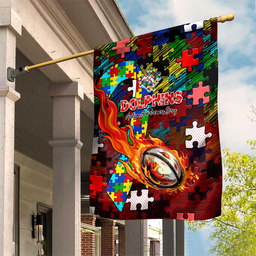 Dolphins Autism Awareness Garden Flag Puzzle Flames Rugby Ball