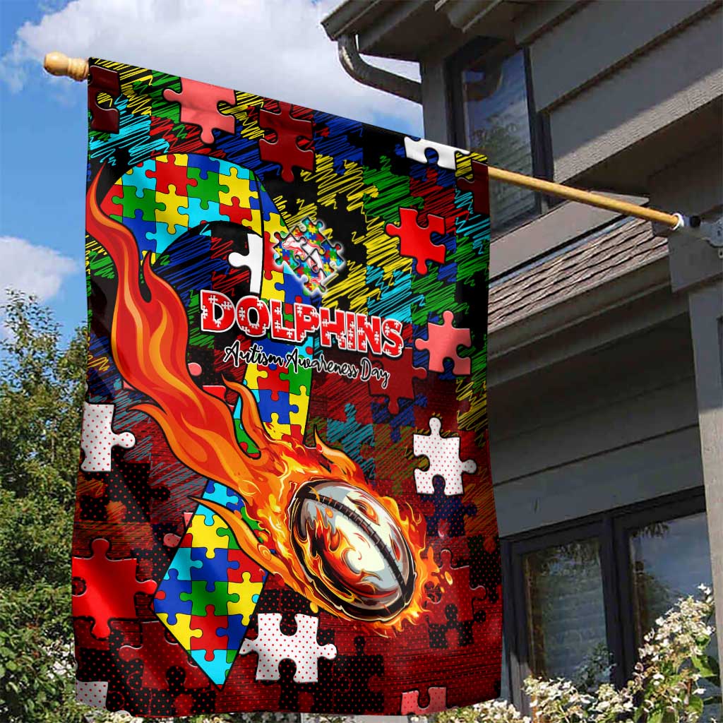 Dolphins Autism Awareness Garden Flag Puzzle Flames Rugby Ball