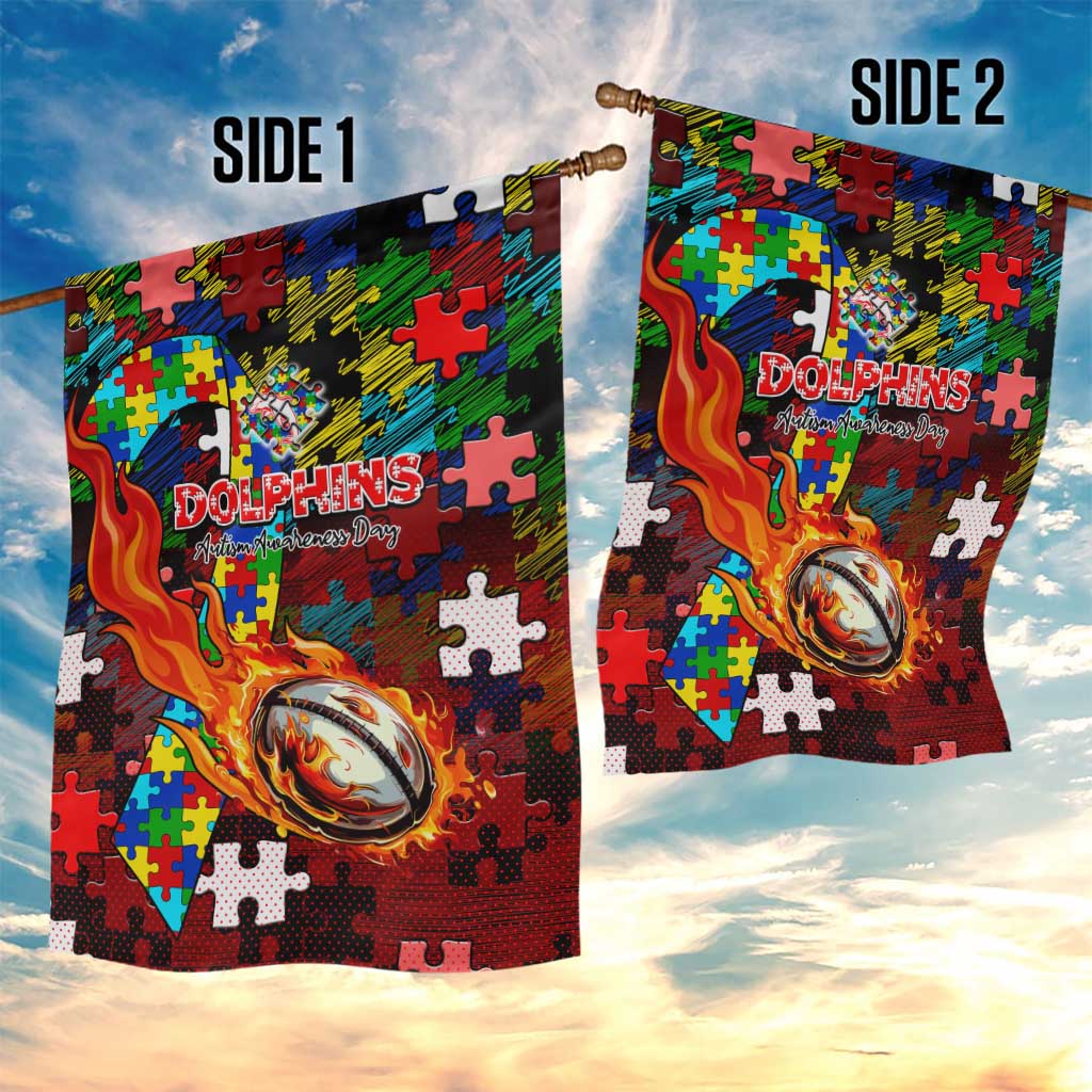 Dolphins Autism Awareness Garden Flag Puzzle Flames Rugby Ball