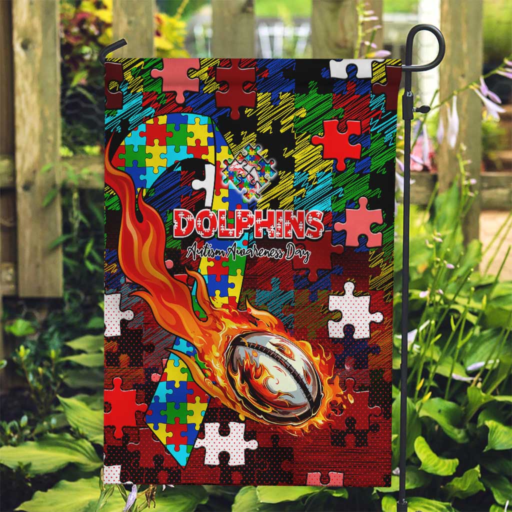 Dolphins Autism Awareness Garden Flag Puzzle Flames Rugby Ball
