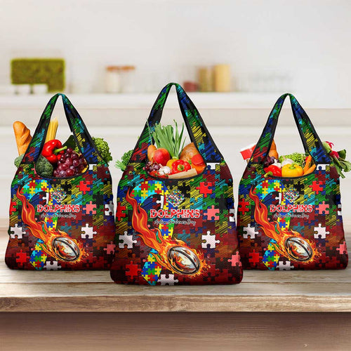 Dolphins Autism Awareness Grocery Bag Puzzle Flames Rugby Ball