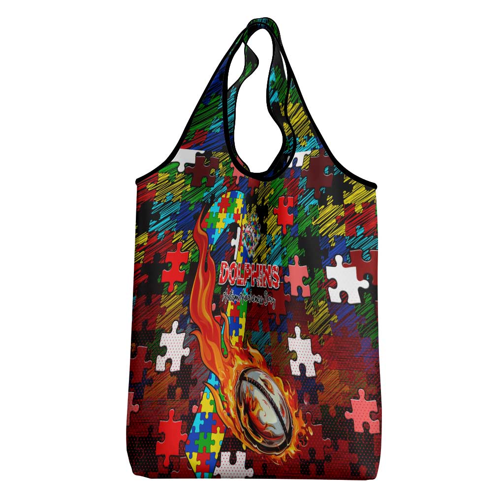 Dolphins Autism Awareness Grocery Bag Puzzle Flames Rugby Ball