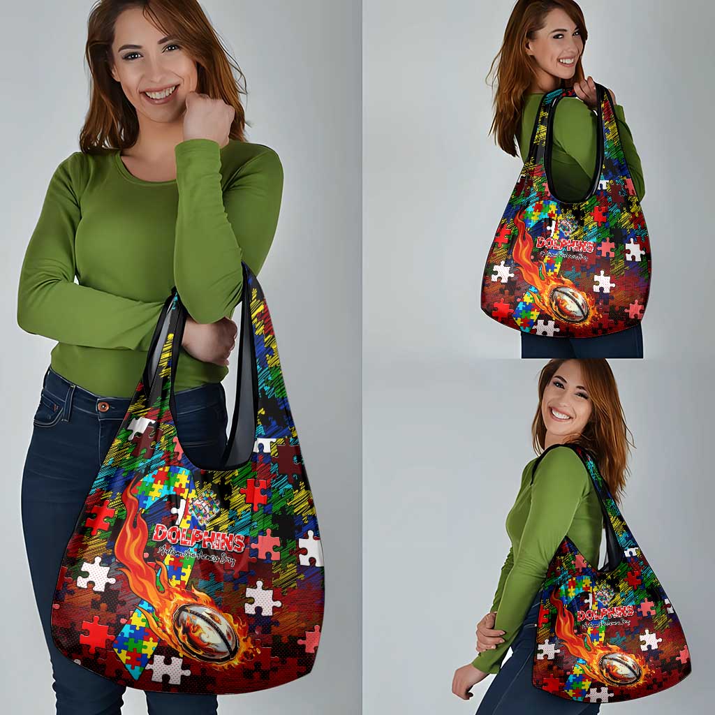 Dolphins Autism Awareness Grocery Bag Puzzle Flames Rugby Ball