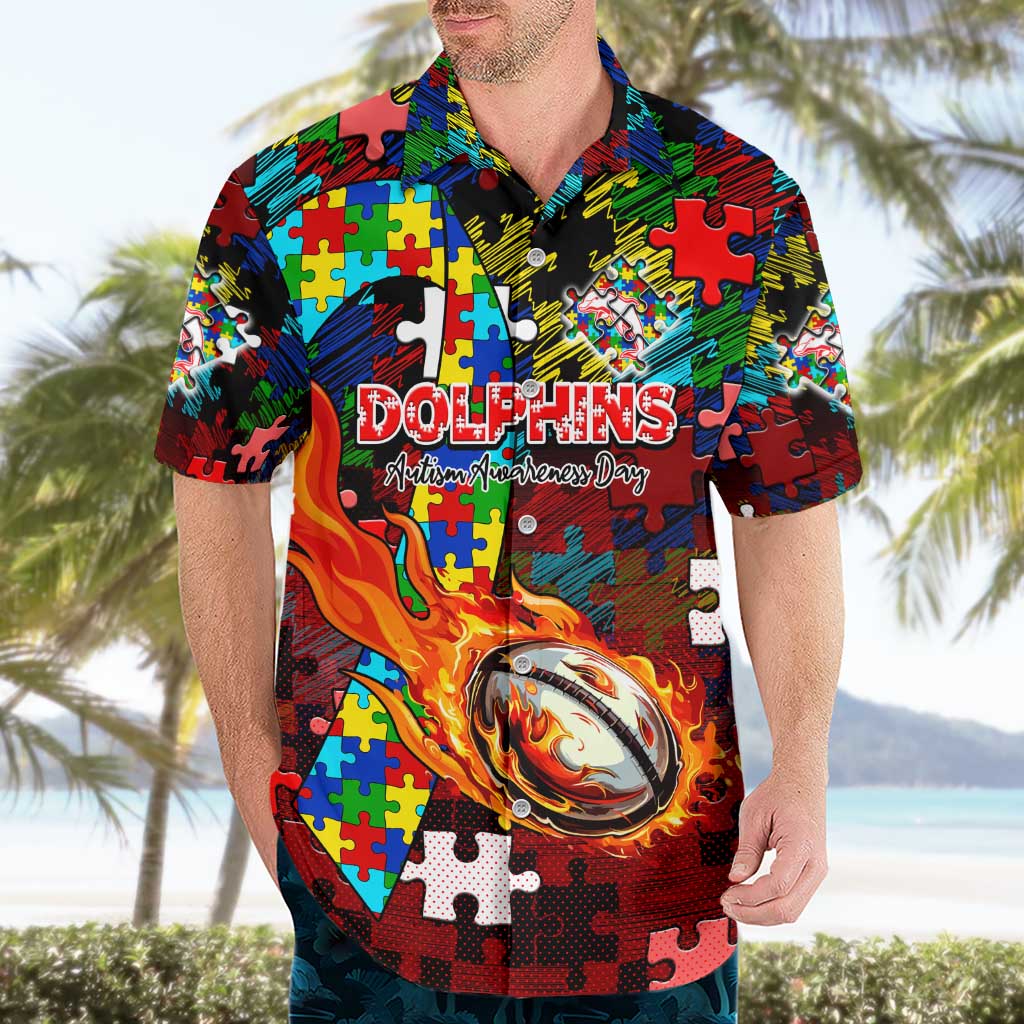 Dolphins Autism Awareness Hawaiian Shirt Puzzle Flames Rugby Ball