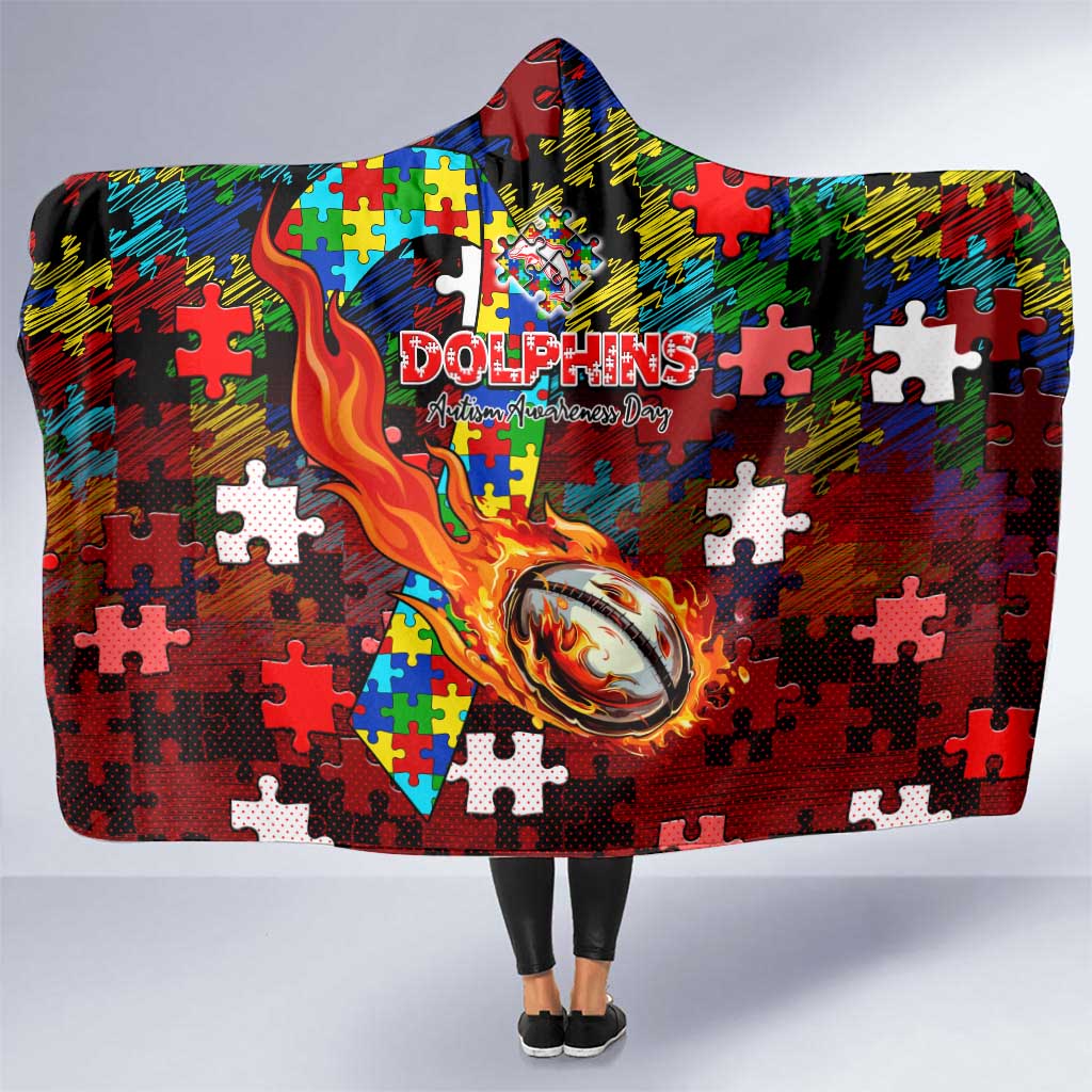 Dolphins Autism Awareness Hooded Blanket Puzzle Flames Rugby Ball