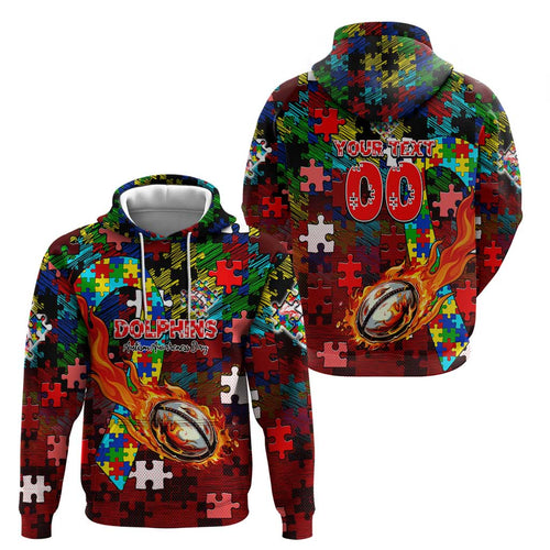 Dolphins Autism Awareness Hoodie Puzzle Flames Rugby Ball