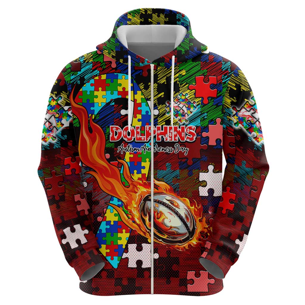Dolphins Autism Awareness Hoodie Puzzle Flames Rugby Ball