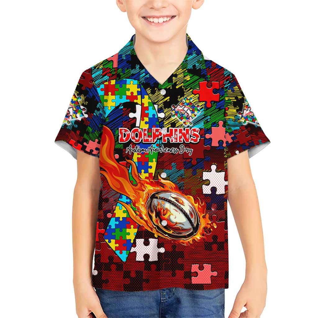 Dolphins Autism Awareness Kid Hawaiian Shirt Puzzle Flames Rugby Ball