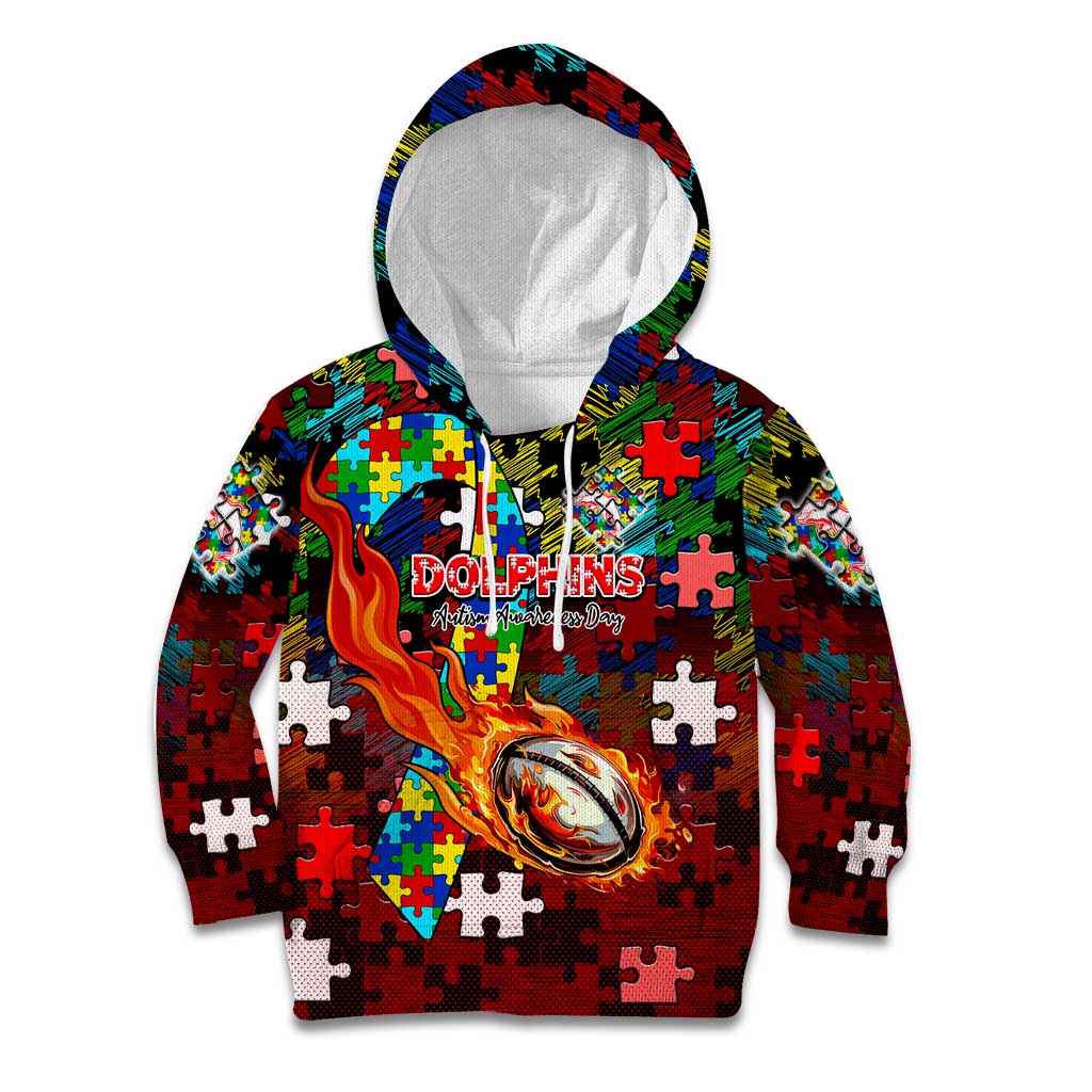 Dolphins Autism Awareness Kid Hoodie Puzzle Flames Rugby Ball
