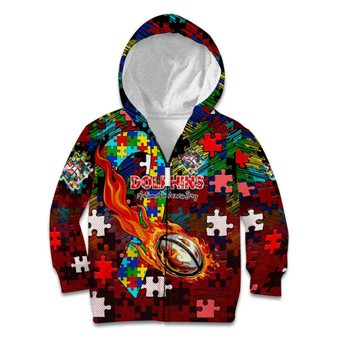 Dolphins Autism Awareness Kid Hoodie Puzzle Flames Rugby Ball