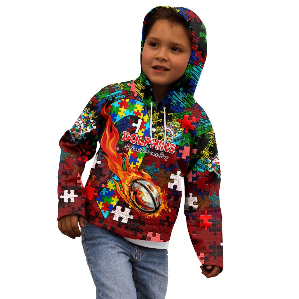 Dolphins Autism Awareness Kid Hoodie Puzzle Flames Rugby Ball