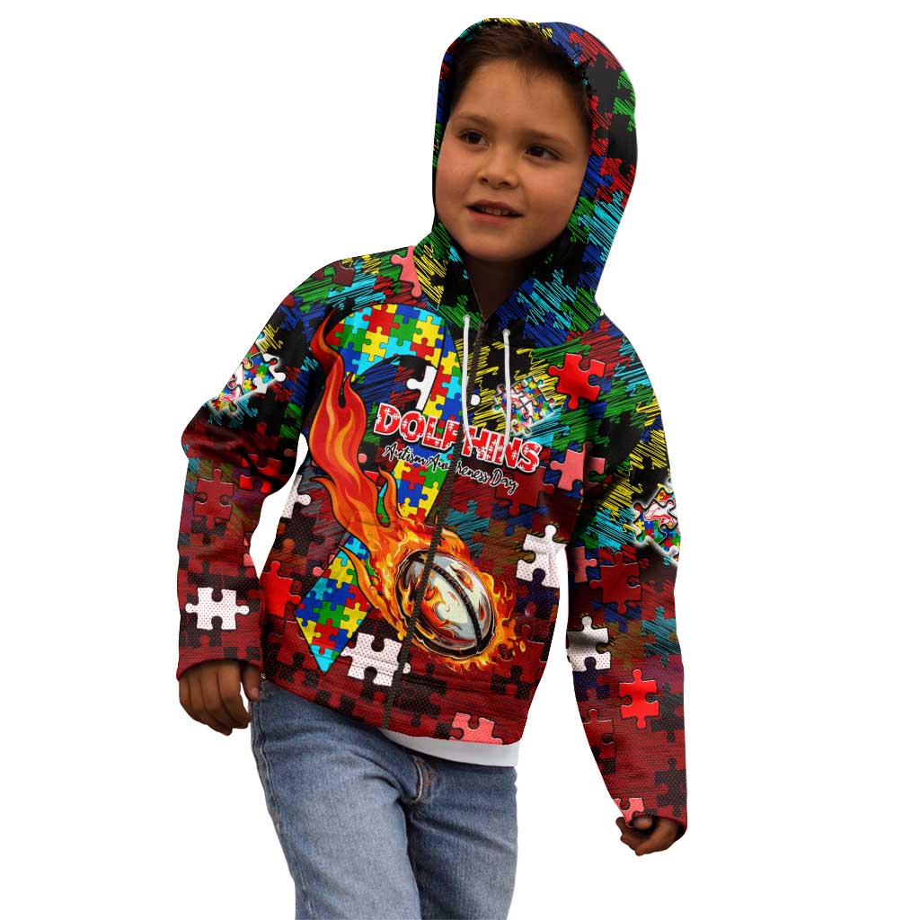 Dolphins Autism Awareness Kid Hoodie Puzzle Flames Rugby Ball