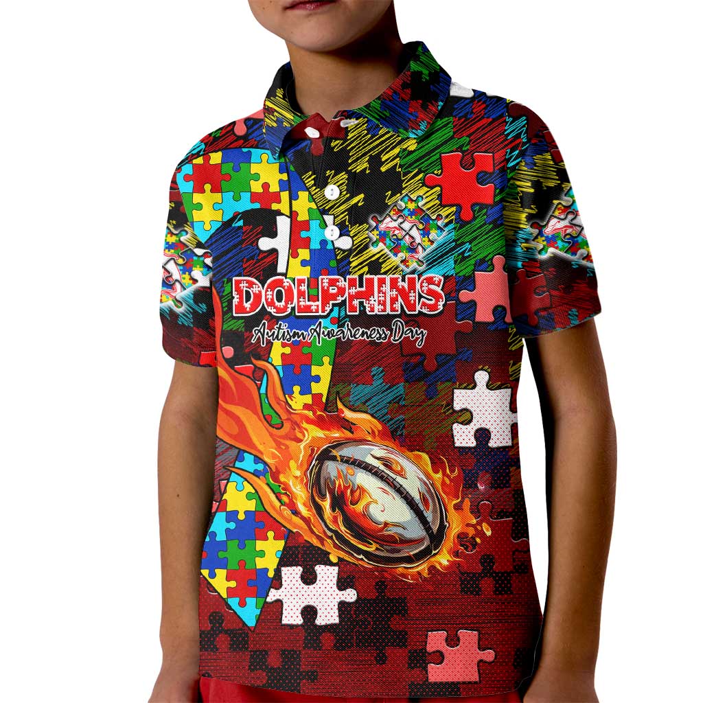 Dolphins Autism Awareness Kid Polo Shirt Puzzle Flames Rugby Ball