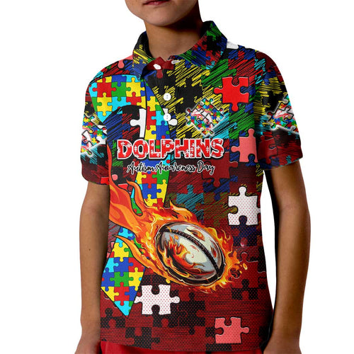 Dolphins Autism Awareness Kid Polo Shirt Puzzle Flames Rugby Ball